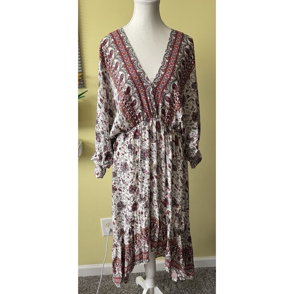 Umgee USA Boho Floral Maxi Dress Women’s Size L Long Sleeve 100% Rayon Romantic